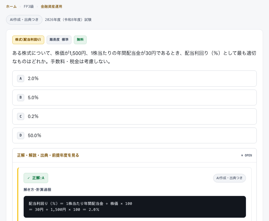 株価1,500円、1株当たり年間配当金30円のときの配当利回りを4択で選ばせるFP3級の演習問題と、30円÷1,500円×100=2.0%という計算過程の画面